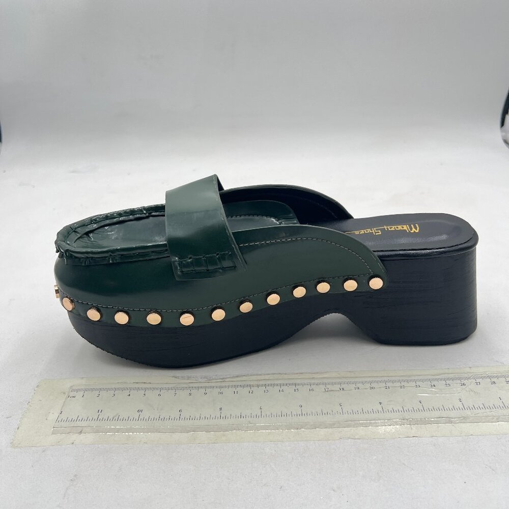 Milooey Green Comfy Closed Toe Studded Clogs Platform Slip On Block Heel Mules